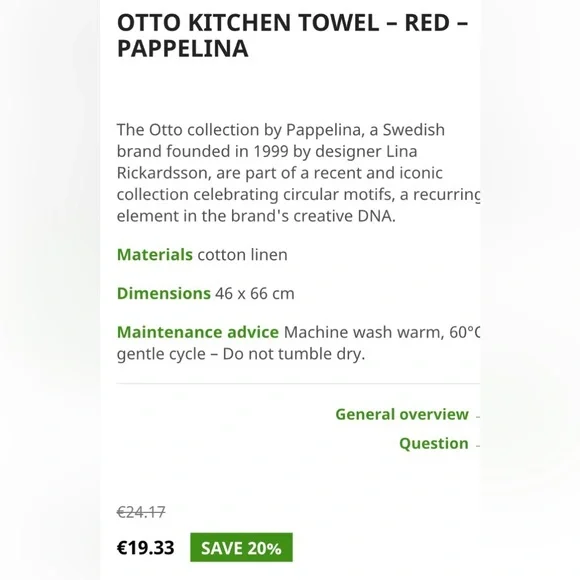 Red With White Daisy Kitchen Towel. New PAPPELINA Sweden, 24x18.5 100% Cotton - Picture 7 of 7